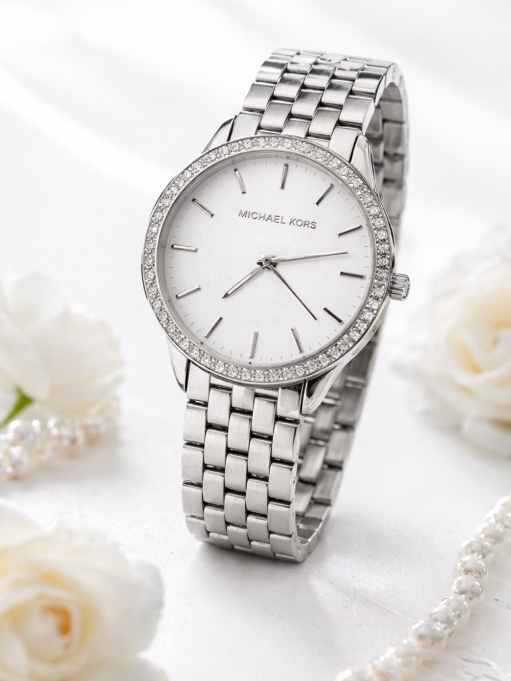 Michael Kors Silver Tone Watch Crystal Bezel Stainless Steel Bracelet